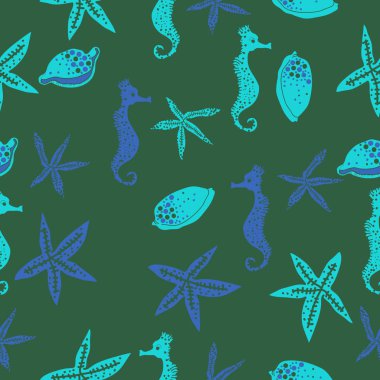 Deniz teması ile soyut desen - denizatları ve yıldızlar, vektör illüstrasyon