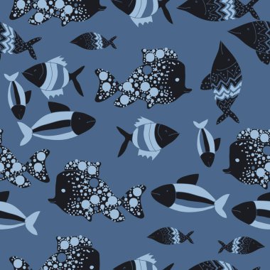 Farklı balıklar ile dikişsiz desen, vektör illüstrasyon