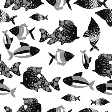 Farklı balıklar ile dikişsiz desen, vektör illüstrasyon