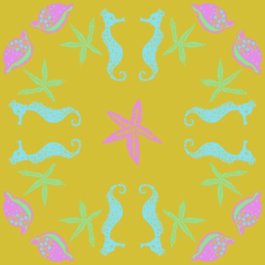 Deniz teması ile soyut desen - denizatları ve yıldızlar, vektör illüstrasyon