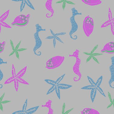 Deniz teması ile soyut desen - denizatları ve yıldızlar, vektör illüstrasyon