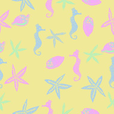 Deniz teması ile soyut desen - denizatları ve yıldızlar, vektör illüstrasyon