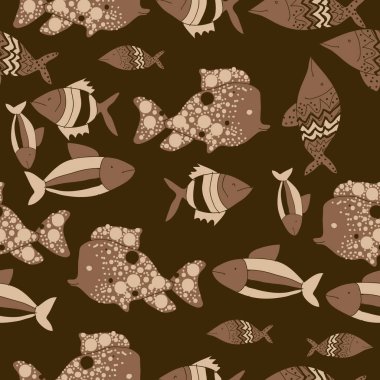 Farklı balıklar ile dikişsiz desen, vektör illüstrasyon