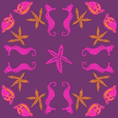 Deniz teması ile soyut desen - denizatları ve yıldızlar, vektör illüstrasyon