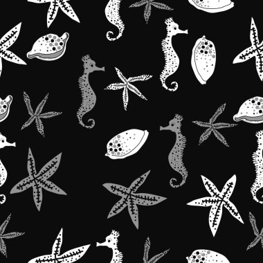 Deniz teması ile soyut desen - denizatları ve yıldızlar, vektör illüstrasyon