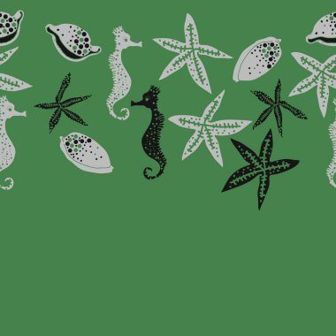 Deniz teması ile soyut desen - denizatları ve yıldızlar, vektör illüstrasyon