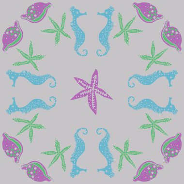 Deniz teması ile soyut desen - denizatları ve yıldızlar, vektör illüstrasyon