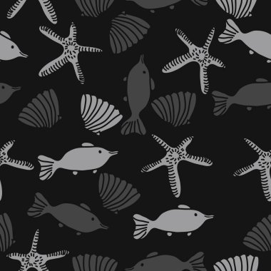 Balık, kabuk ve denizyıldızının dikişsiz deseni