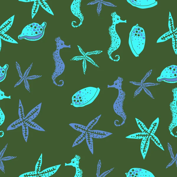 Deniz teması ile soyut desen - denizatları ve yıldızlar, vektör illüstrasyon