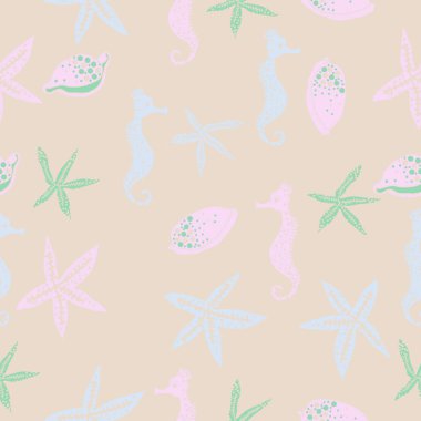 Deniz teması ile soyut desen - denizatları ve yıldızlar, vektör illüstrasyon