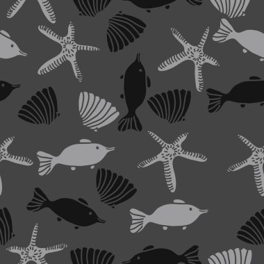 Balık, kabuk ve denizyıldızının dikişsiz deseni