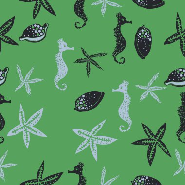 Deniz teması ile soyut desen - denizatları ve yıldızlar, vektör illüstrasyon