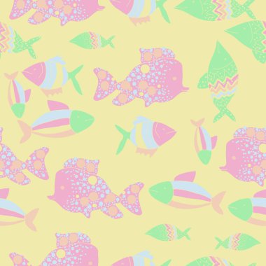 Farklı balıklar ile dikişsiz desen, vektör illüstrasyon