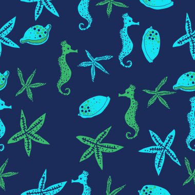 Abstract pattern with sea theme - seahorses and stars, vector illustration clipart