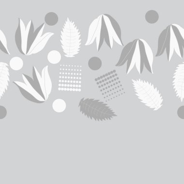yaprakları, lale çiçekleri ve noktalar ile gri Dikişsiz soyut vektör arka plan 