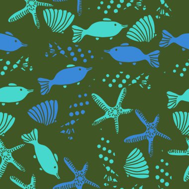 Balık, kabuk ve denizyıldızı dikişsiz desen