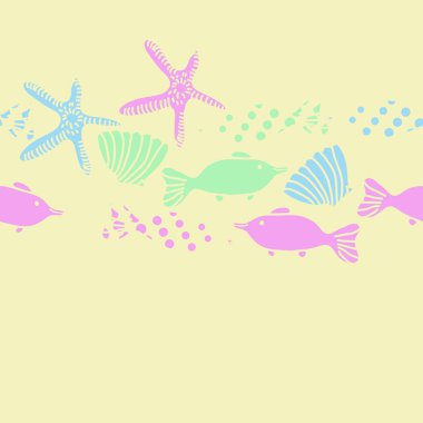 Balık, kabuk ve denizyıldızı, vektör illüstrasyon dikişsiz desen