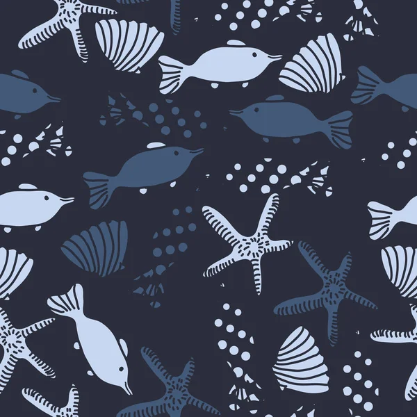 Seamless Pattern Fish Shells Starfish — Stock Vector