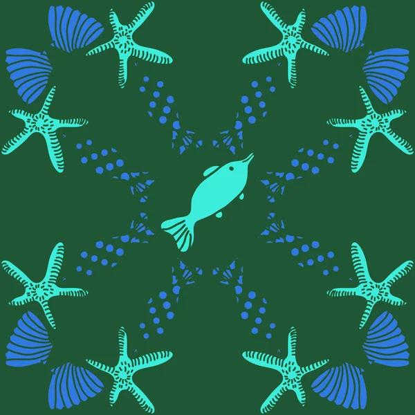 Бесшовный Узор Рыбы Раковин Морской Звезды — стоковый вектор