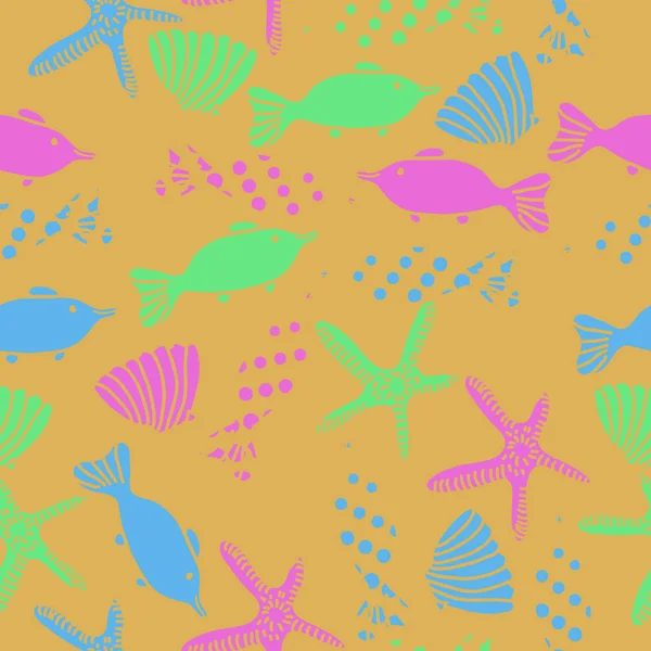 Безшовний Візерунок Риби Мушлі Морської Зірки — стоковий вектор