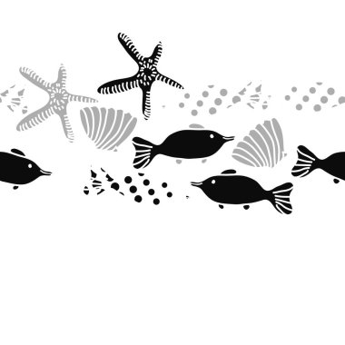 Balık, kabuk ve denizyıldızı, vektör illüstrasyon dikişsiz desen