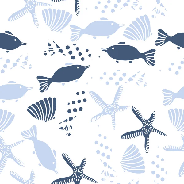 Padrão Sem Costura Peixes Conchas Estrelas Mar — Vetor de Stock