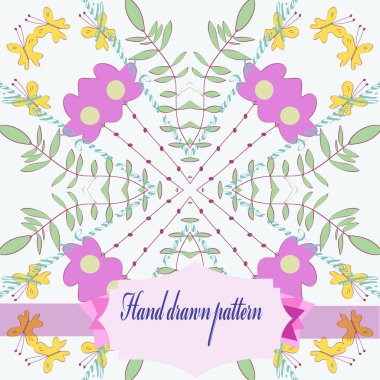 Soluk çiçek motifi dairesel desen, kelebekler, dalları, beyaz bir arka plan üzerinde etiket.  