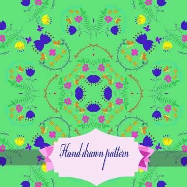 Renkli çiçek motifi dairesel desen, metin, buketleri, kelebekler, soluk yeşil bir arka plan üzerinde etiket. Elle çizilmiş.