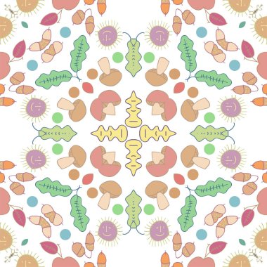 Renkli yaprakların, mantarların, beyaz arka plan üzerindeki lekelerin dairesel ve dikişsiz deseni. El çizilmiş, sonbahar teması.