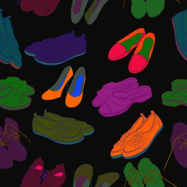 Renkli ayakkabı, terlik, bot dikişsiz desen. Elle çizilmiş.