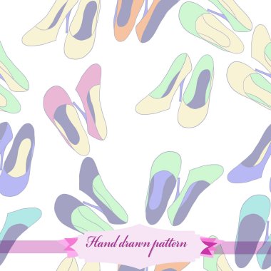 Renkli ayakkabı, etiket dikişsiz desen. Elle çizilmiş.