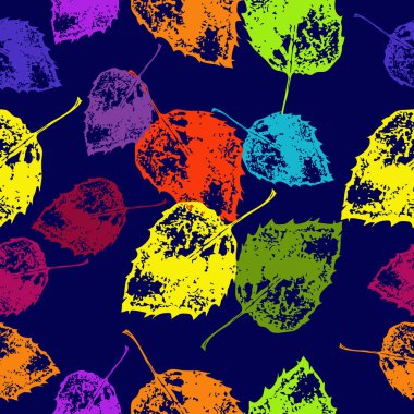 Renkli çiçek motifi Dikişsiz desen, koyu mavi arka plan üzerinde sonbahar yaprakları. 