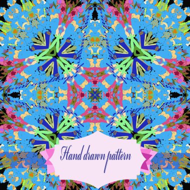 Renkli çiçek motifleri Dairesel dikişsiz desen, siyah bir arka plan üzerinde etiket. Elle çizilmiş.