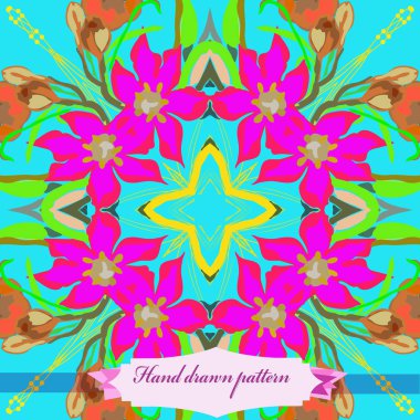 Çiçek motifi, çiçek, yaprak, etiket dairesel dikişsiz desen. Elle çizilmiş.