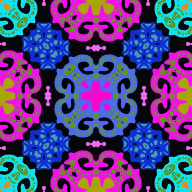 Siyah bir arka plan üzerinde renkli el çizilmiş motiflerin dairesel dikişsiz desen.