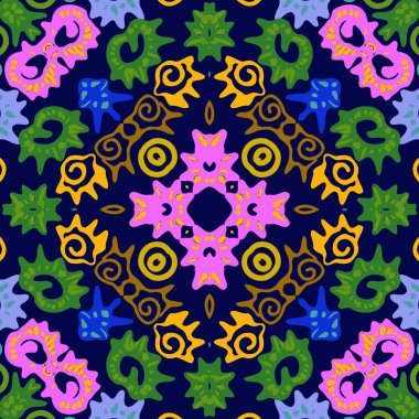 Koyu mavi arka plan üzerinde renkli çiçek motifleri, spiraller, karalamalar dairesel dikişsiz desen. 
