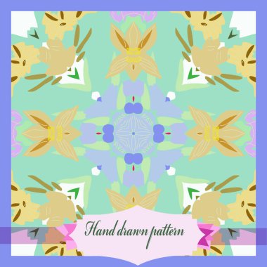 Dairesel çiçek desenli kart, çiçekler, yapraklar, etiket. 