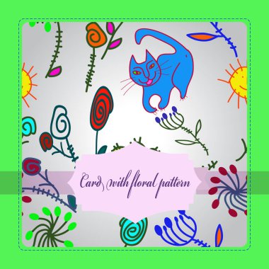 Renkli çiçek motifleri, kedi, güneş, spiraller, çerçeve, degrade gri arka plan üzerinde etiket Desen. Elle çizilmiş.