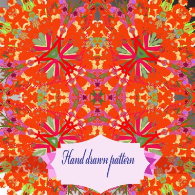 Renkli çiçek motifleri dairesel dikişsiz desen, degrade gri arka plan üzerinde etiket. Elle çizilmiş.