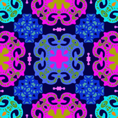 Koyu mavi bir arka plan üzerinde renkli el çizilmiş motiflerin dairesel dikişsiz desen.