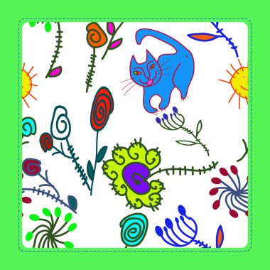 Renkli çiçek motifleri desen, kedi, güneş, spiraller, beyaz bir arka plan çerçeve. Elle çizilmiş.