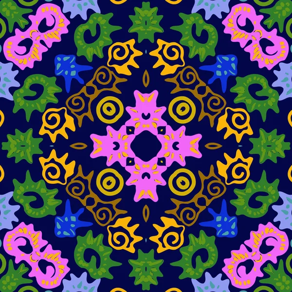 Kreisförmiges Nahtloses Muster Farbiger Floraler Motive Spiralen Kritzeleien Auf Dunkelblauem — Stockvektor