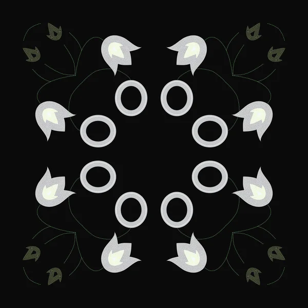 Circular  pattern of colored floral motifs   on a black  background.
