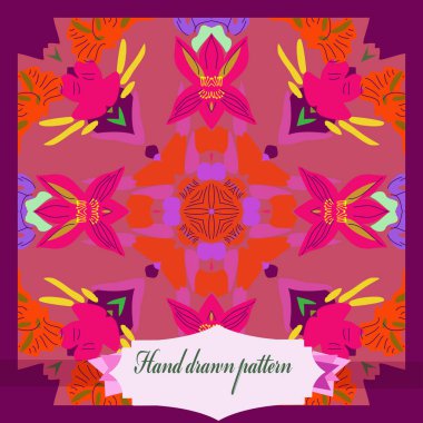 Dairesel çiçek desenli kart, çiçekler, yapraklar, etiket. 