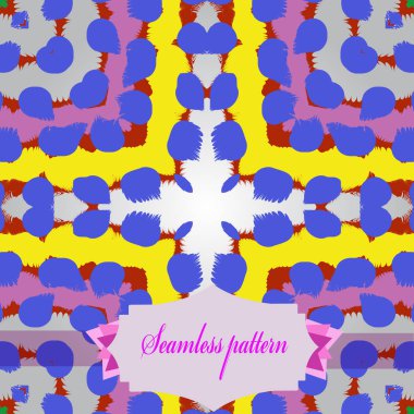 Renkli motifler, çizgili, karalamalar, degrade gri arka plan üzerinde etiket dairesel dikişsiz desen. Elle çizilmiş.