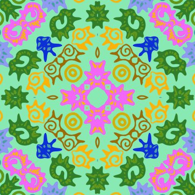 Renkli çiçek motifleri dairesel dikişsiz desen , spiraller, açık yeşil bir arka plan üzerinde doodle. 
