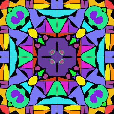 Siyah bir arka plan üzerinde renkli şekillerin dairesel dikişsiz deseni.