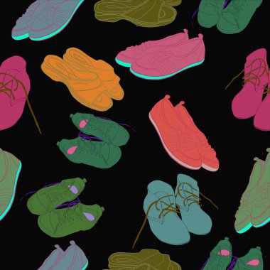 Siyah bir arka plan üzerinde renkli ayakkabı Dikişsiz desen. Elle çizilmiş.