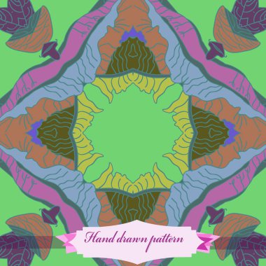 Renkli lekeler, çizgili, çiçek, etiket dairesel dikişsiz desen. Elle çizilmiş.