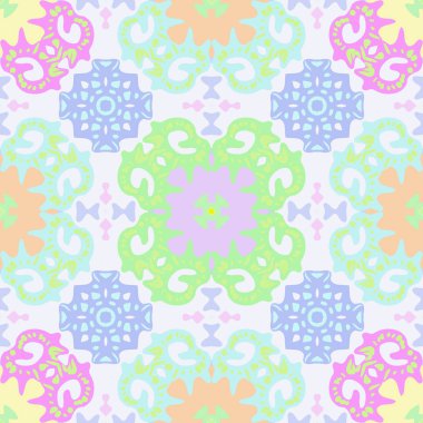 Renkli lekeler, elipsler, yıldız dairesel dikişsiz desen, beyaz bir arka plan üzerinde çapraz. El yapımı.